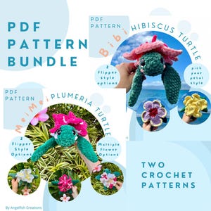 Puede incluir: Dos patrones de crochet para una tortuga de hibisco y plumeria. Los patrones incluyen múltiples opciones de flores y dos estilos de aletas. Los patrones están disponibles para descargar en PDF.