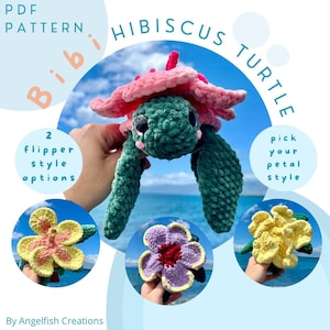 Puede incluir: Patrón de crochet para una tortuga amigurumi de hibisco. El patrón incluye dos opciones de estilo de aleta y tres opciones de estilo de pétalo. El patrón está disponible para descargar en PDF.
