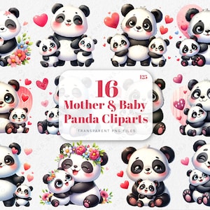 Aquarela Fofo Feliz Dia das Mães Panda clipart Mãe e Bebê Gráficos Te Amo Mamãe Coleção de clipart para Cartão de Maternidade para Imprimir