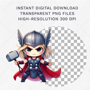 May include: A cartoon illustration of a female superhero with blonde hair, wearing a red cape, a blue and silver armor, and a helmet with wings. She is holding a silver hammer in her right hand.