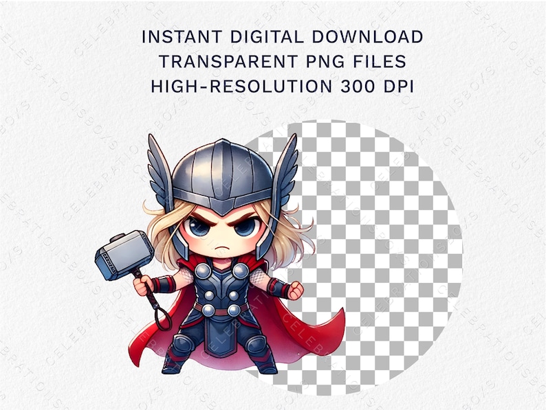 May include: A cartoon illustration of a female superhero with blonde hair, wearing a red cape, a blue and silver armor, and a helmet with wings. She is holding a silver hammer in her right hand.