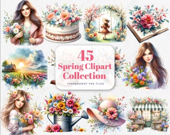 Watercolor Spring Clipart: Floral, Woodland, Farmhouse (PNG)