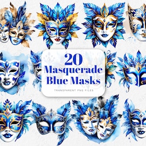 Maskerade blau Masken Aquarell Karneval Sammlung digitale Clipart PNG Bundle Einladung Junk Journal Urlaub Dekor Poster Banner