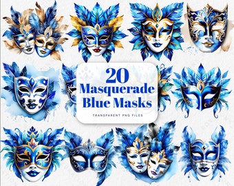 Maskerade blau Masken Aquarell Karneval Sammlung digitale Clipart PNG Bundle Einladung Junk Journal Urlaub Dekor Poster Banner