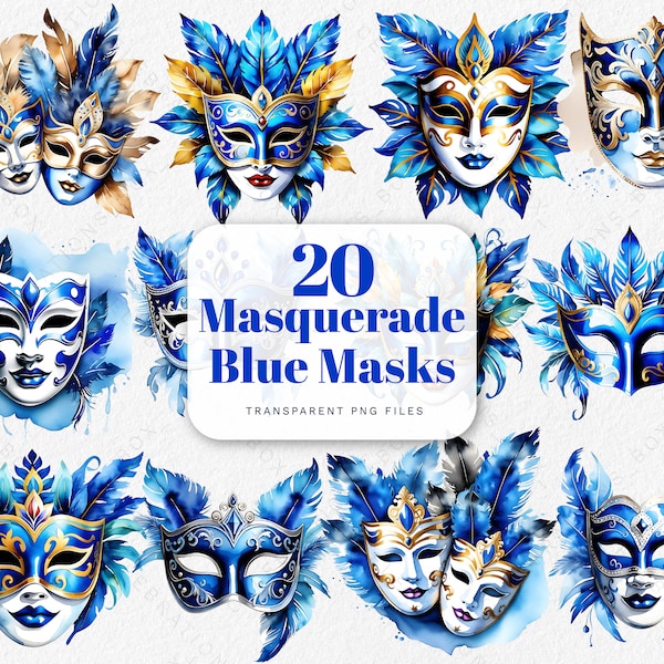 Venetian Masquerade blue Masks Watercolor Carnival Collection digital Clipart PNG Bundle invitation Junk Journal Holiday Decor Poster Banner