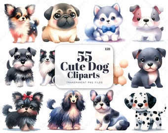 かわいい水彩画の犬のクリップアート、犬種のSVG、かわいい子犬のPNG