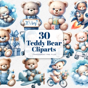 Clipart nounours mignon, montgolfière, ours aquarelle, bébé ours Clipart, ours en peluche Boho, clipart baby shower, clipart aquarelle V1