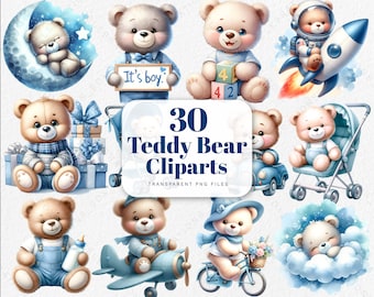 Watercolor Teddy Bear Clipart, 30 PNG Nursery Graphics (Digital Download)