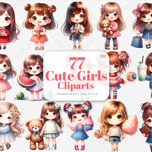 Mädchen Clipart, süßes Mädchen Clipart, Kinder Clipart, Chibi Mädchen Clipart, süße Kinder Clipart, kleines Mädchen PNG, Anime Mädchen Aquarell Clipart