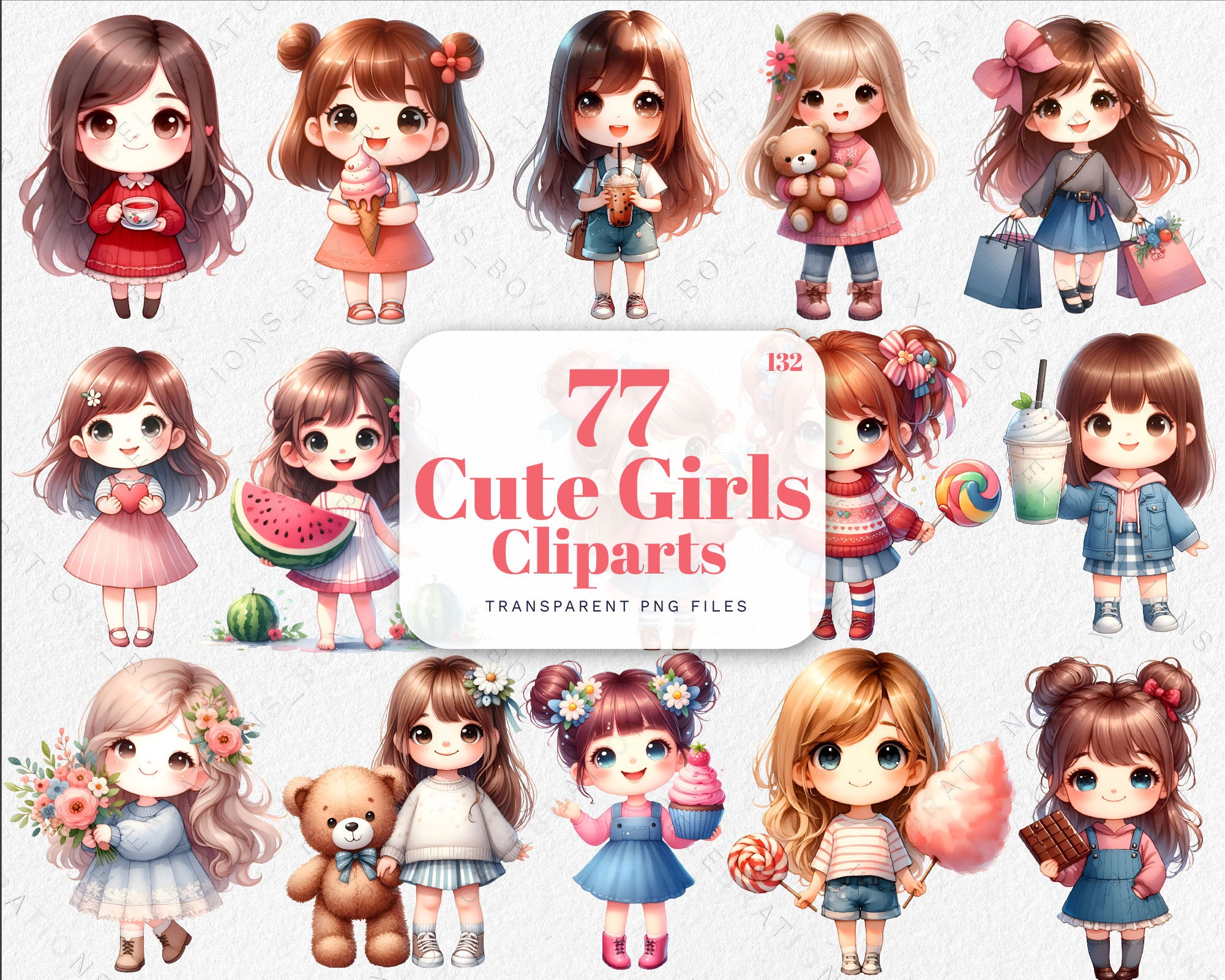 Girls Clipart, Cute Girl Clipart, Children Clipart, Chibi Girl Clipart, Cute Kids Clipart, Little Girl PNG, Anime Girl  Watercolor Clipart