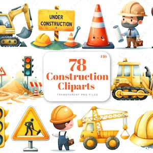 Clipart de construção em aquarela, clipart de veículos de construção, guindaste, escavadeira, caminhão de cimento, escavadeira, caminhão basculante, capacete de aniversário para menino