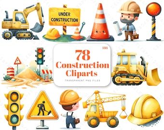 Könnte beinhalten: Aquarell-Illustrationen von Baugeräten und Sicherheitsschildern, darunter ein gelber Bagger, Ampeln und ein Schild mit der Aufschrift "Under Construction". Das Bild zeigt auch einen Cartoon-Bauarbeiter und verschiedene Cliparts zum Thema Bauen.