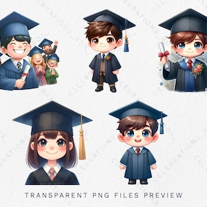 Peut inclure: Quatre illustrations de dessins anim&eacute;s de dipl&ocirc;m&eacute;s portant des chapeaux et des robes. La premi&egrave;re image montre un groupe de dipl&ocirc;m&eacute;s avec un seul dipl&ocirc;m&eacute; &agrave; l'avant. La deuxi&egrave;me et la troisi&egrave;me image montrent un seul dipl&ocirc;m&eacute; avec des cheveux bruns. La quatri&egrave;me image montre un seul dipl&ocirc;m&eacute; avec des cheveux bruns et un chapeau et une robe noirs.