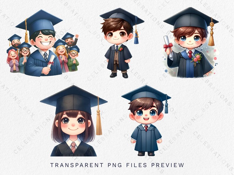 Peut inclure: Quatre illustrations de dessins anim&eacute;s de dipl&ocirc;m&eacute;s portant des chapeaux et des robes. La premi&egrave;re image montre un groupe de dipl&ocirc;m&eacute;s avec un seul dipl&ocirc;m&eacute; &agrave; l'avant. La deuxi&egrave;me et la troisi&egrave;me image montrent un seul dipl&ocirc;m&eacute; avec des cheveux bruns. La quatri&egrave;me image montre un seul dipl&ocirc;m&eacute; avec des cheveux bruns et un chapeau et une robe noirs.