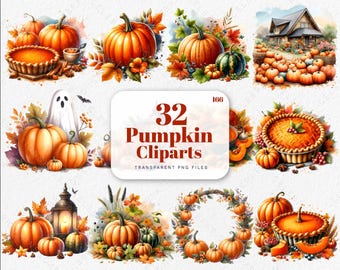 Watercolor Halloween Pumpkin Clipart, Fall Graphics (PNG)