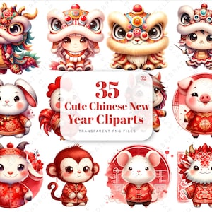 May include: 35 Cute Chinese New Year Clipart images featuring various animals in traditional red and gold clothing. The animals include a lion, rooster, pig, rabbit, goat, monkey, mouse, and dragon. The images are perfect for adding a festive touch to your projects.