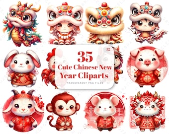 Joli clipart année lunaire chinoise, zodiaque chinois, bébé dragon rouge, danse du lion, nouvel an chinois traditionnel, aquarelle de scrapbooking