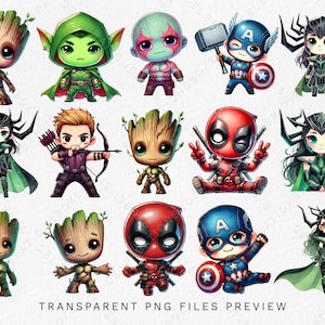May include: A set of 14 cartoon character illustrations featuring characters from Marvel Comics and Guardians of the Galaxy. The characters are depicted in a chibi style with large heads and small bodies. The characters include Groot, Rocket Raccoon, Gamora, Drax, Star-Lord, Thanos, Captain America, Iron Man, Thor, Hulk, Black Widow, Hawkeye, Spider-Man, and Deadpool.