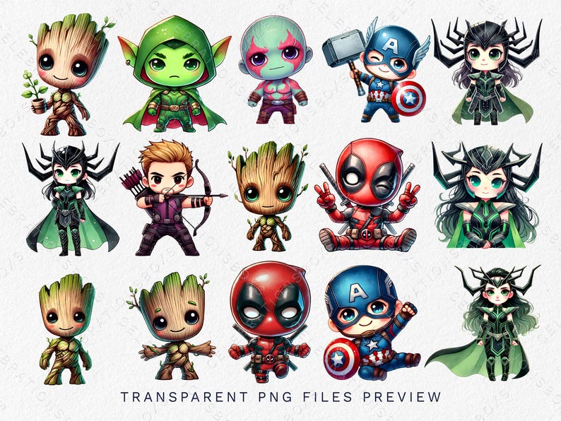 May include: A set of 14 cartoon character illustrations featuring characters from Marvel Comics and Guardians of the Galaxy. The characters are depicted in a chibi style with large heads and small bodies. The characters include Groot, Rocket Raccoon, Gamora, Drax, Star-Lord, Thanos, Captain America, Iron Man, Thor, Hulk, Black Widow, Hawkeye, Spider-Man, and Deadpool.