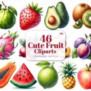 Cute Fruit Clipart, Kawaii Fruit Clipart, Fruit Graphics, Cute Fruit, Fruit Stickers, Summer Fruits Clipart, Watercolor Clipart Scrapbooking