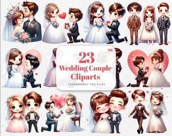 Cute Wedding Couple Clipart, Watercolor Bride and Groom Clipart, Wedding Day Clipart PNG, save the date Graphics, Cute Wedding couple PNGs