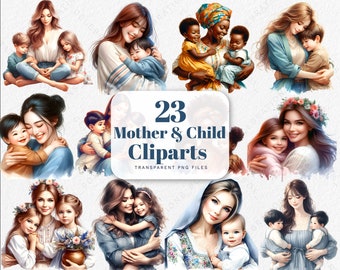 Watercolor Mother and Child Clipart, Mother's Day PNG Graphics
