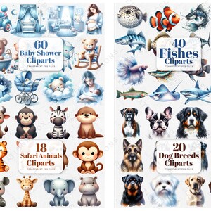 May include: A digital clipart set featuring 60 baby shower illustrations, 40 fish illustrations, 18 safari animal illustrations, and 20 dog breed illustrations. The illustrations are in a cartoon style and are perfect for creating invitations, cards, and other crafts.