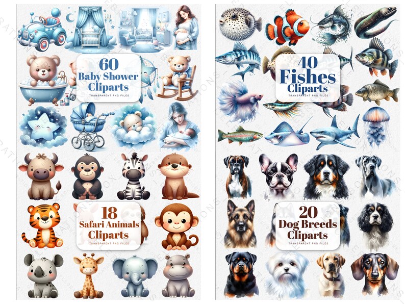May include: A digital clipart set featuring 60 baby shower illustrations, 40 fish illustrations, 18 safari animal illustrations, and 20 dog breed illustrations. The illustrations are in a cartoon style and are perfect for creating invitations, cards, and other crafts.