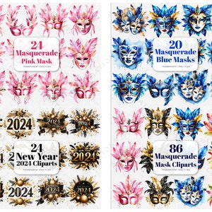 May include: A set of 86 watercolor illustrations of masquerade masks. The set includes 24 pink masks, 20 blue masks, and 24 New Year 2024 clipart images. The masks are decorated with feathers, glitter, and jewels.