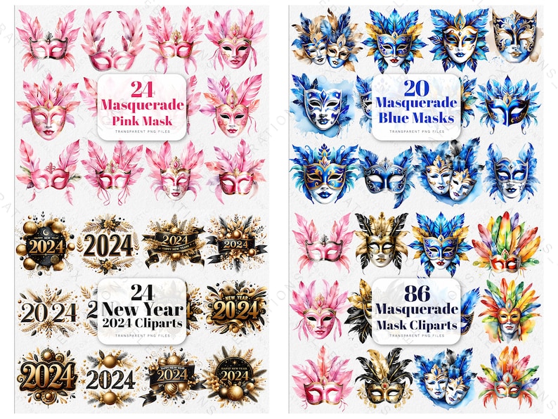 May include: A set of 86 watercolor illustrations of masquerade masks. The set includes 24 pink masks, 20 blue masks, and 24 New Year 2024 clipart images. The masks are decorated with feathers, glitter, and jewels.