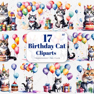 Watercolor Cat Birthday Clipart Graphics Bundle, Cute Kitten Cat Clipart Bundle, Colorful Birthday Cake PNG, Cat Printable PNG Bundle