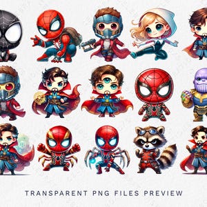 May include: A set of 14 cartoon character illustrations featuring superheroes and villains from the Marvel Cinematic Universe. The characters are depicted in a chibi style with large heads and small bodies. The characters include Spider-Man, Iron Man, Captain America, Thor, Hulk, Black Widow, Hawkeye, Doctor Strange, Scarlet Witch, Vision, Black Panther, Ant-Man, and Thanos.