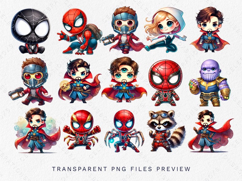 May include: A set of 14 cartoon character illustrations featuring superheroes and villains from the Marvel Cinematic Universe. The characters are depicted in a chibi style with large heads and small bodies. The characters include Spider-Man, Iron Man, Captain America, Thor, Hulk, Black Widow, Hawkeye, Doctor Strange, Scarlet Witch, Vision, Black Panther, Ant-Man, and Thanos.
