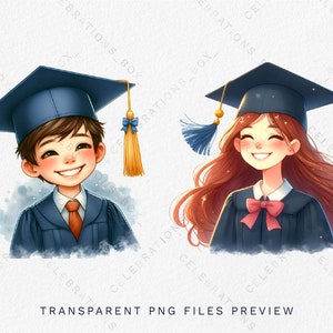 Peut inclure: Deux dipl&ocirc;m&eacute;s souriants portant des robes et des chapeaux de graduation bleus. La dipl&ocirc;m&eacute;e a de longs cheveux bruns et un n&oelig;ud rose. Le dipl&ocirc;m&eacute; a les cheveux courts bruns et une cravate bleue.