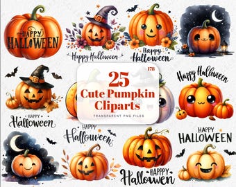 Akwarela Halloween Słodka Dynia Clipart, Kawaii Dynia Clipart, Jesień Jesień Clipart, Straszny Clipart, Halloween Clipart, Witchy Grafika