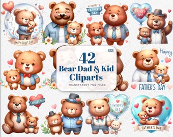 Paquete de imágenes prediseñadas del Día del Padre Feliz, Imágenes Prediseñadas de papá y yo de oso lindo acuarela, imágenes prediseñadas de gráficos de oso de padre, imágenes prediseñadas de oso bebé, imágenes prediseñadas de padre