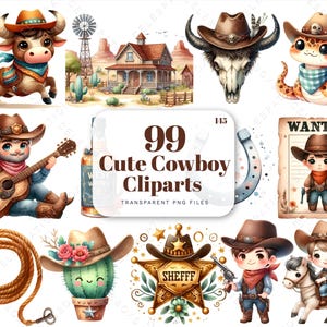 Cute Cowboy Clipart, Wild West Clipart, Desert Clipart, Cactus Clipart, Farm Clipart, Baby Shower Cowboy, Watercolor Clipart, Scrapbooking