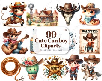 Cute Cowboy Clipart, Wild West Clipart, Desert Clipart, Cactus Clipart, Farm Clipart, Baby Shower Cowboy, Watercolor Clipart, Scrapbooking