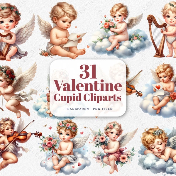 Vintage Valentines Cupid Clipart Watercolor Love Victorian Cupid Cherub Angel Wings Flowers for Greeting Card Poster Banner Digital Planner
