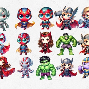 May include: A set of 12 chibi-style illustrations featuring characters from the Marvel Cinematic Universe. The characters include Iron Man, Captain America, Thor, Hulk, Black Widow, Hawkeye, Scarlet Witch, Vision, War Machine, Ant-Man, Spider-Man, and Doctor Strange.