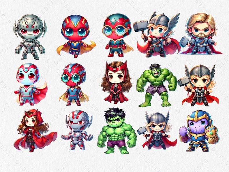 May include: A set of 12 chibi-style illustrations featuring characters from the Marvel Cinematic Universe. The characters include Iron Man, Captain America, Thor, Hulk, Black Widow, Hawkeye, Scarlet Witch, Vision, War Machine, Ant-Man, Spider-Man, and Doctor Strange.