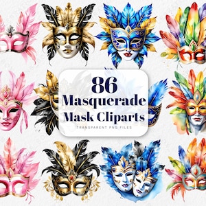 Karnevalssammlung venezianischer Maskerademasken Aquarell digitale Clipart PNG Bundle Karnevalsgrafiken für Einladungskarte Poster Banner