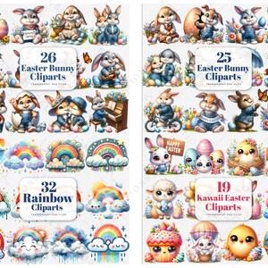 May include: A set of 72 digital clipart images featuring Easter bunnies, rainbows, and kawaii Easter characters. The images are in PNG format and have transparent backgrounds.