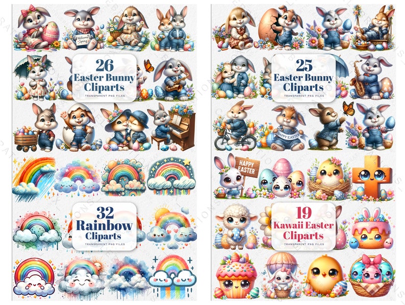 May include: A set of 72 digital clipart images featuring Easter bunnies, rainbows, and kawaii Easter characters. The images are in PNG format and have transparent backgrounds.