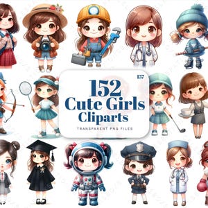 Cute Girl Clipart, Toddler Clipart, Chibi Girl Clipart, Quirky Girl Clipart, Cartoon Girl PNG, Fashion Girl PNG, Doctor Cliparts, Watercolor