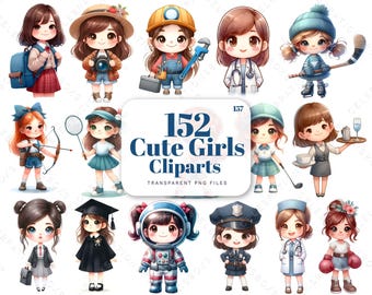 Söt flicka clipart-paket, akvarell Chibi PNG (digital nedladdning)