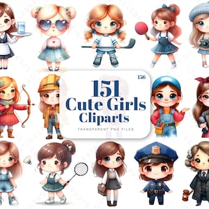 Cute Girl Clipart, Toddler Clipart, Chibi Girl Clipart, Quirky Girl Clipart, Cartoon Girl PNG, Fashion Girl PNG, Doctor Cliparts, Watercolor