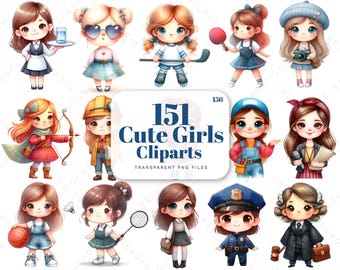 Söt flicka clipart-paket, akvarell Chibi PNG (digital nedladdning)