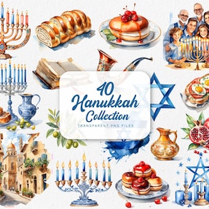 Lot de cliparts Hanoucca Menorah dreidel juif Étoile de David PNG Coloriage hébreu à l'eau alimentaire PNG pour décoration de cartes imprimable scrapbooking