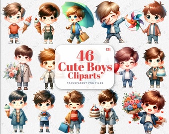 Watercolor Cute Boys Clipart, School Boy, Sweet Boy, Nursery Decor, Baby Boy Clipart, Little Boy Clipart, Boys Graphics PNG, Nursery Clipart